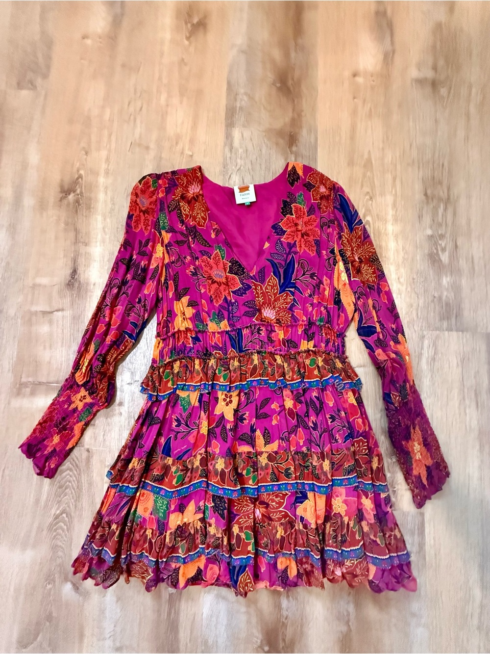 FARM Rio Magenta Floral Tiered Long-Sleeve Dress